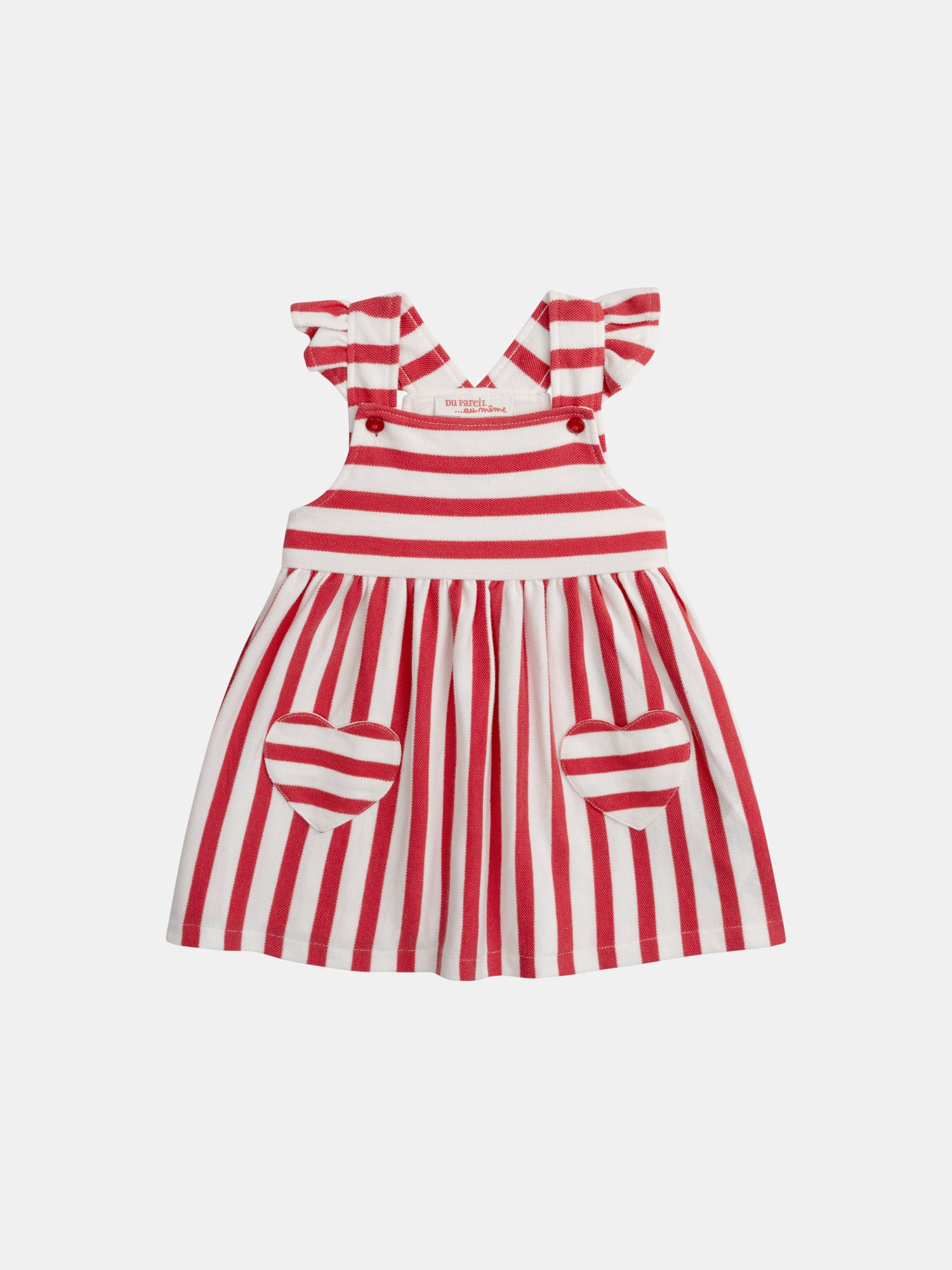 Red and Cream Striped Dress with Heart Pockets for Baby Girls