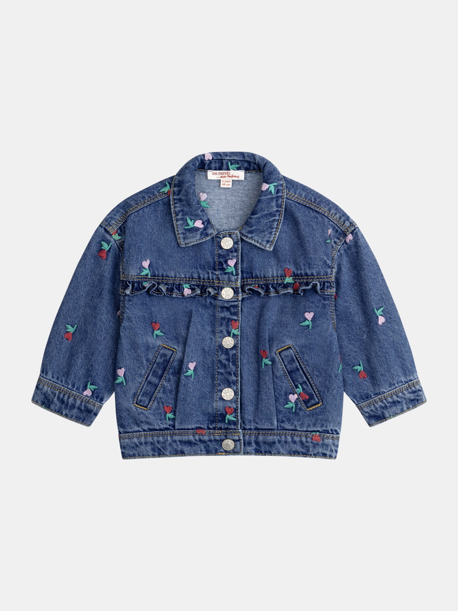 Denim Jacket with Ruffle and Flower Heart Embroidery for Baby Girl