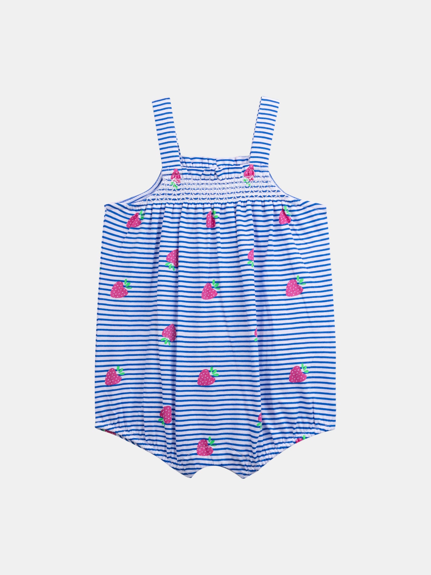 Blue and white striped baby romper with strawberry print for baby girl
