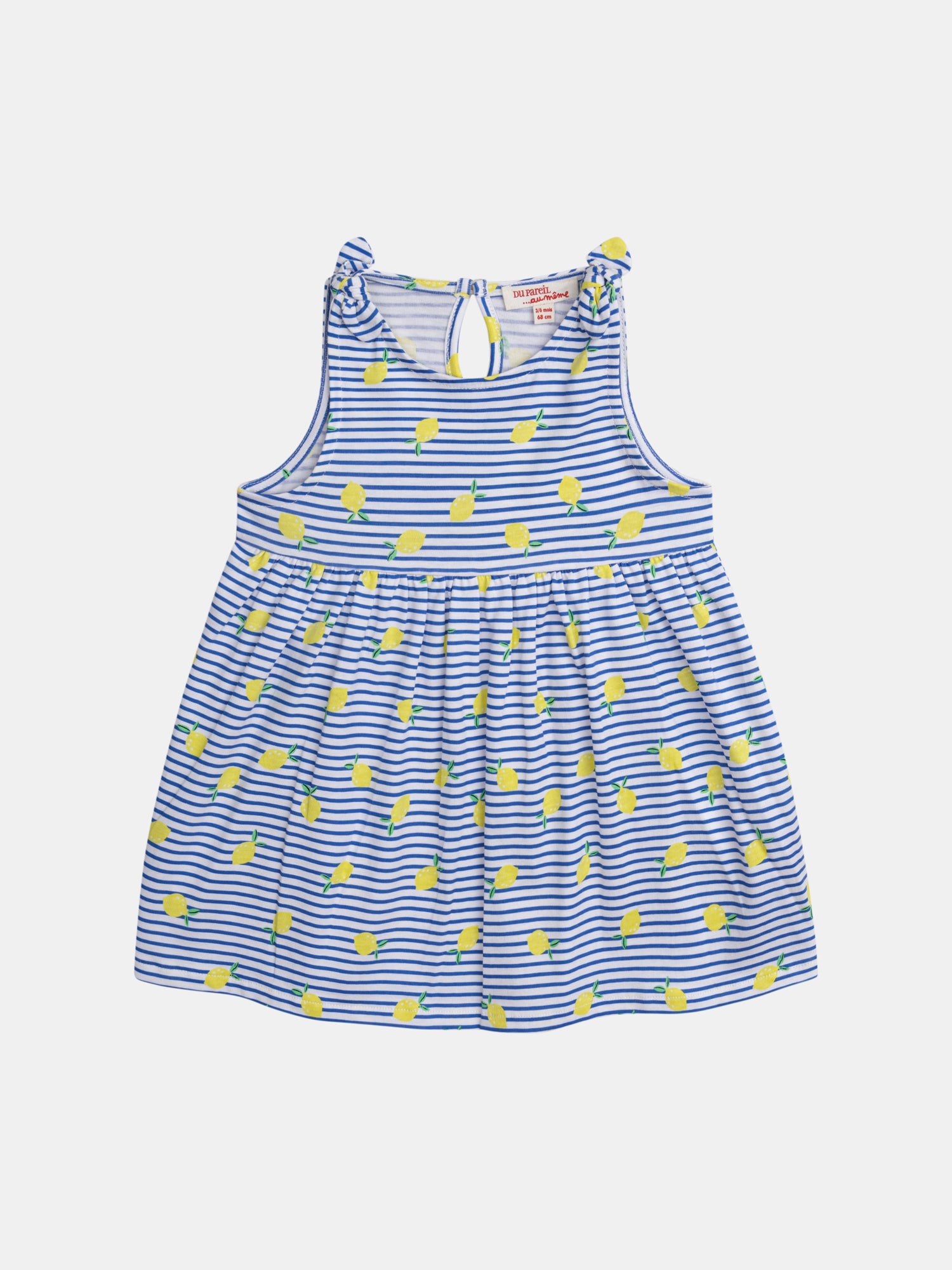 Blue and white striped dress with lemon print for baby girl