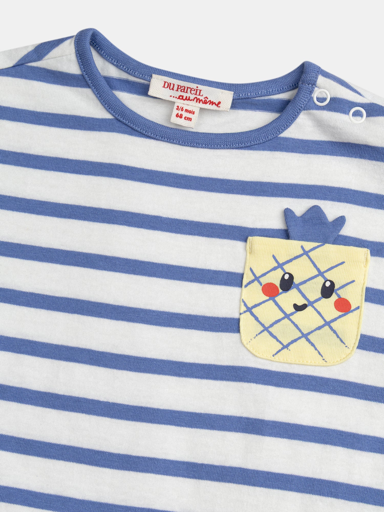 Blue and white striped onesie with pineapple pocket for baby boy