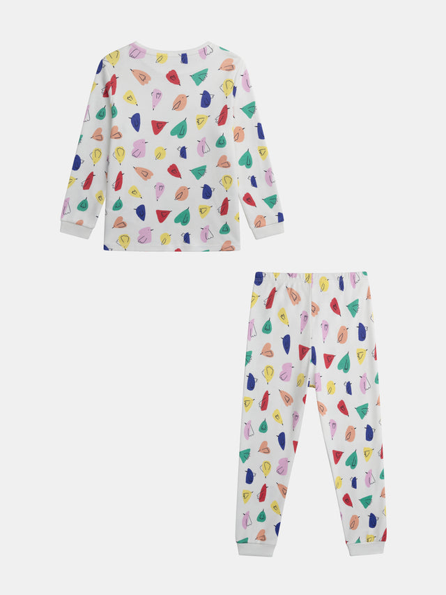 Cream All-Over Bird Print Pyjama for Girls