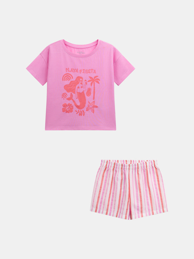 Short pink pajama with "Playa Fiesta" print for girls