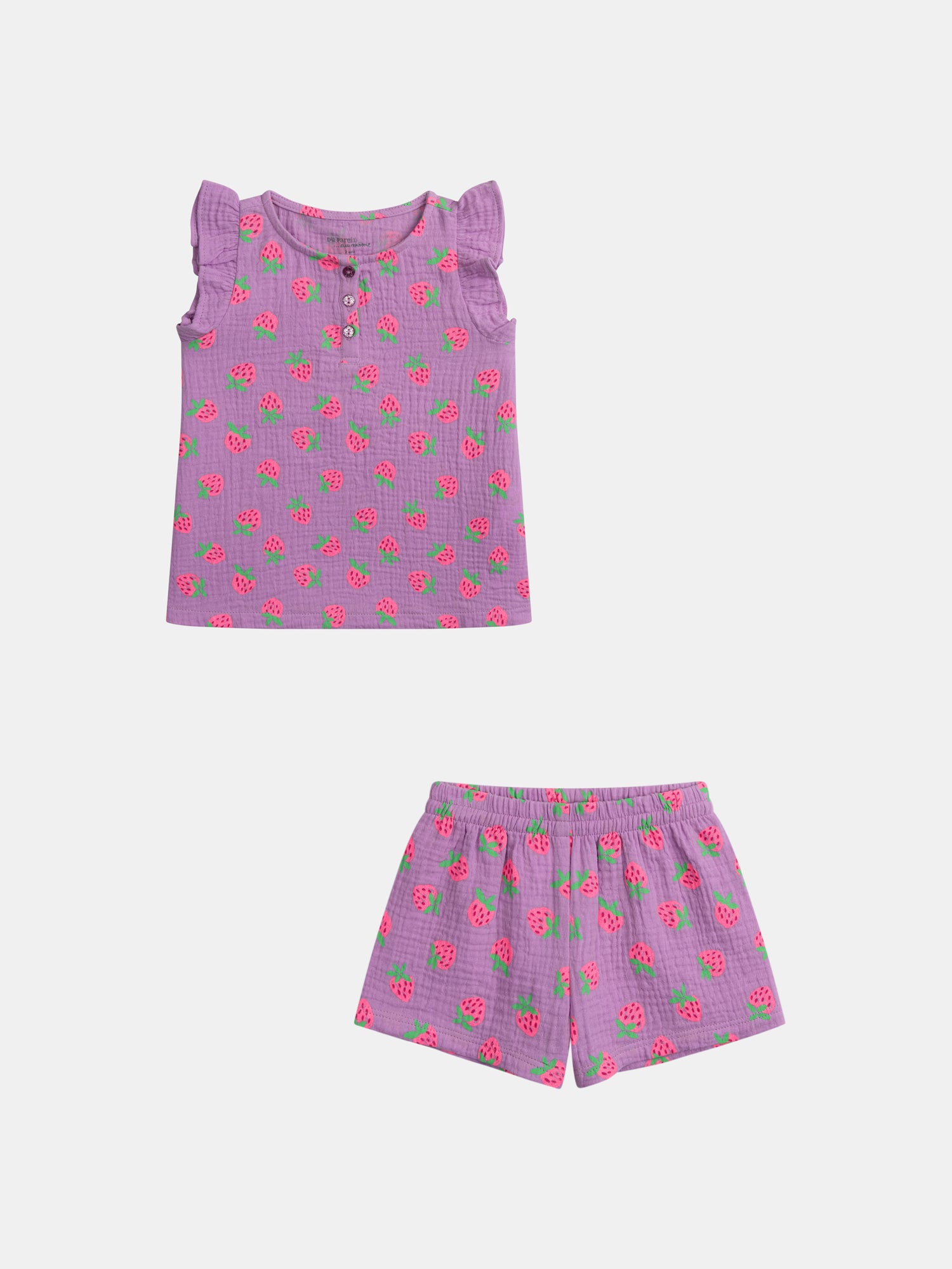Short purple pajamas with "Gourmet Strawberries" print for girls