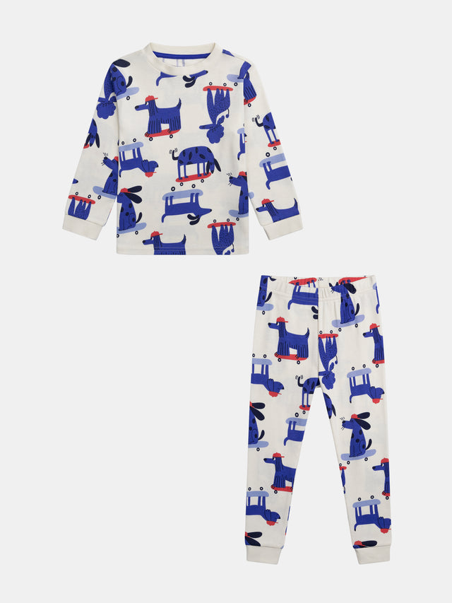 Ecru Pyjama Printed All Over Dog on Wheels for Boy