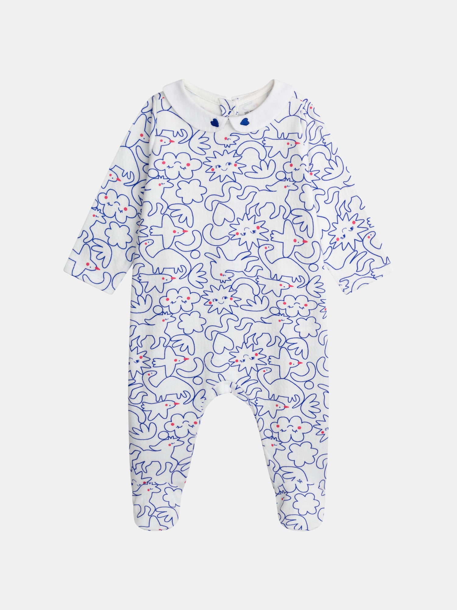 Ecru bodysuit with Claudine collar and allover "Dream" blue print for baby girl