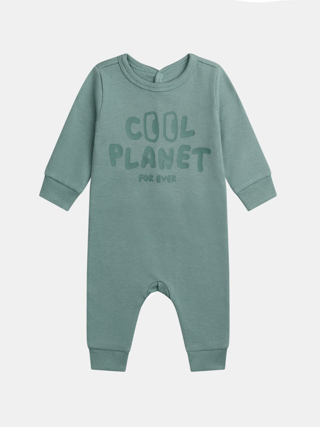 Green "Good Vibes" textured knit sleeper for baby boy