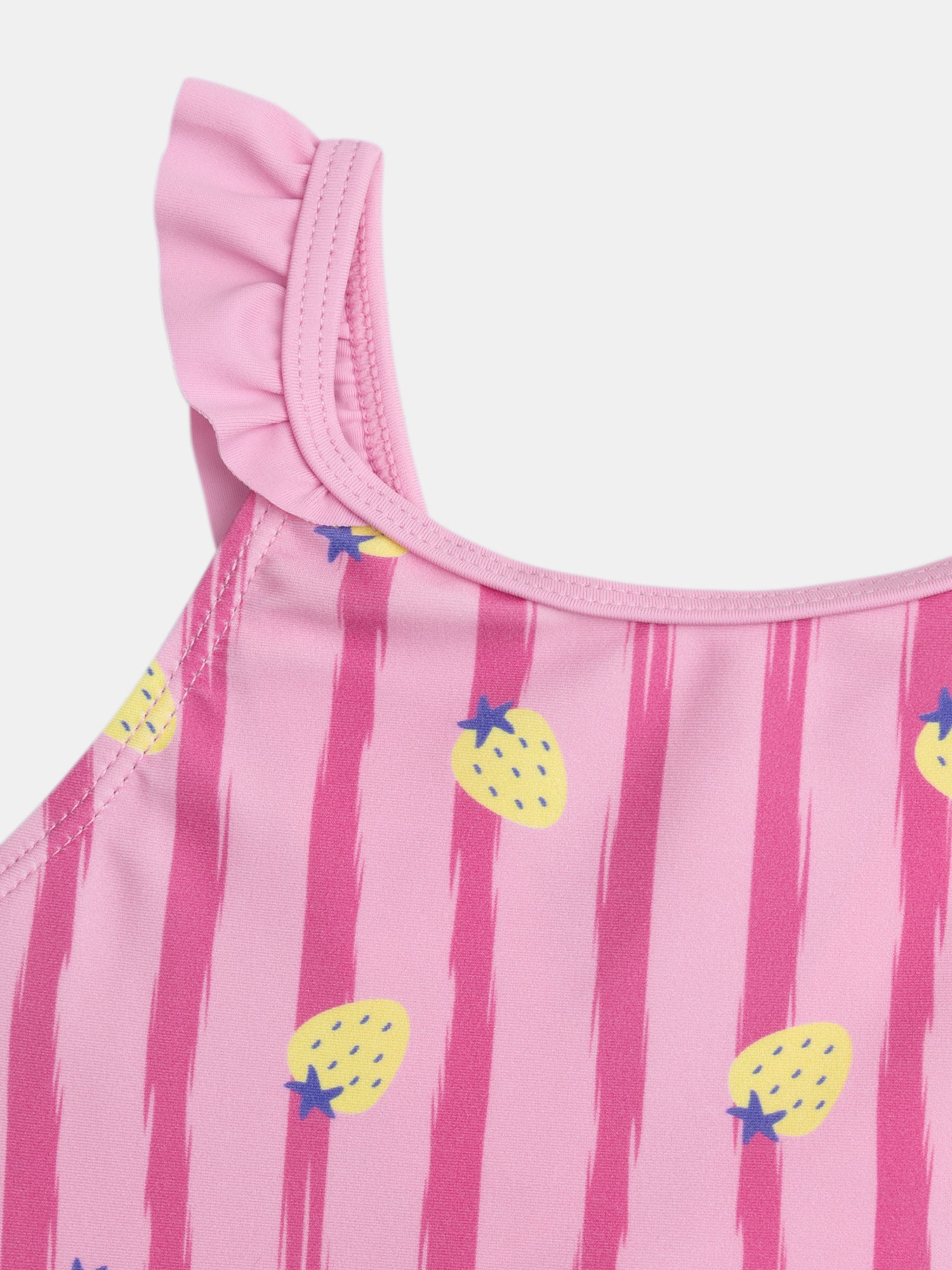 One-piece pink swimsuit printed with strawberries and stripes