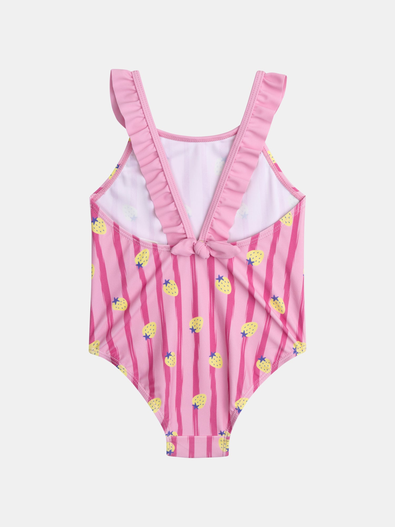 One-piece pink swimsuit printed with strawberries and stripes