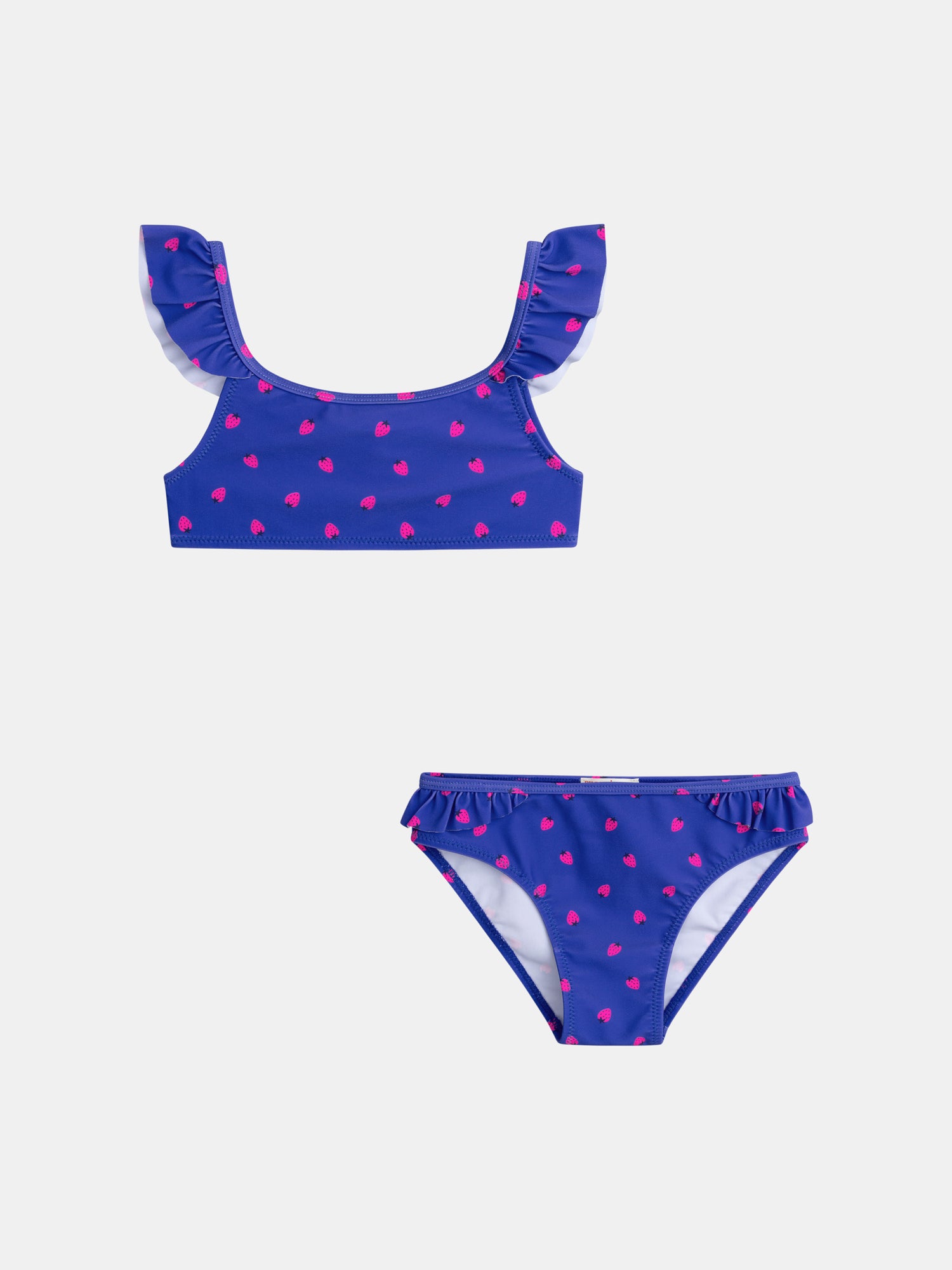 Blue 2-piece swimsuit with strawberry print for girls.