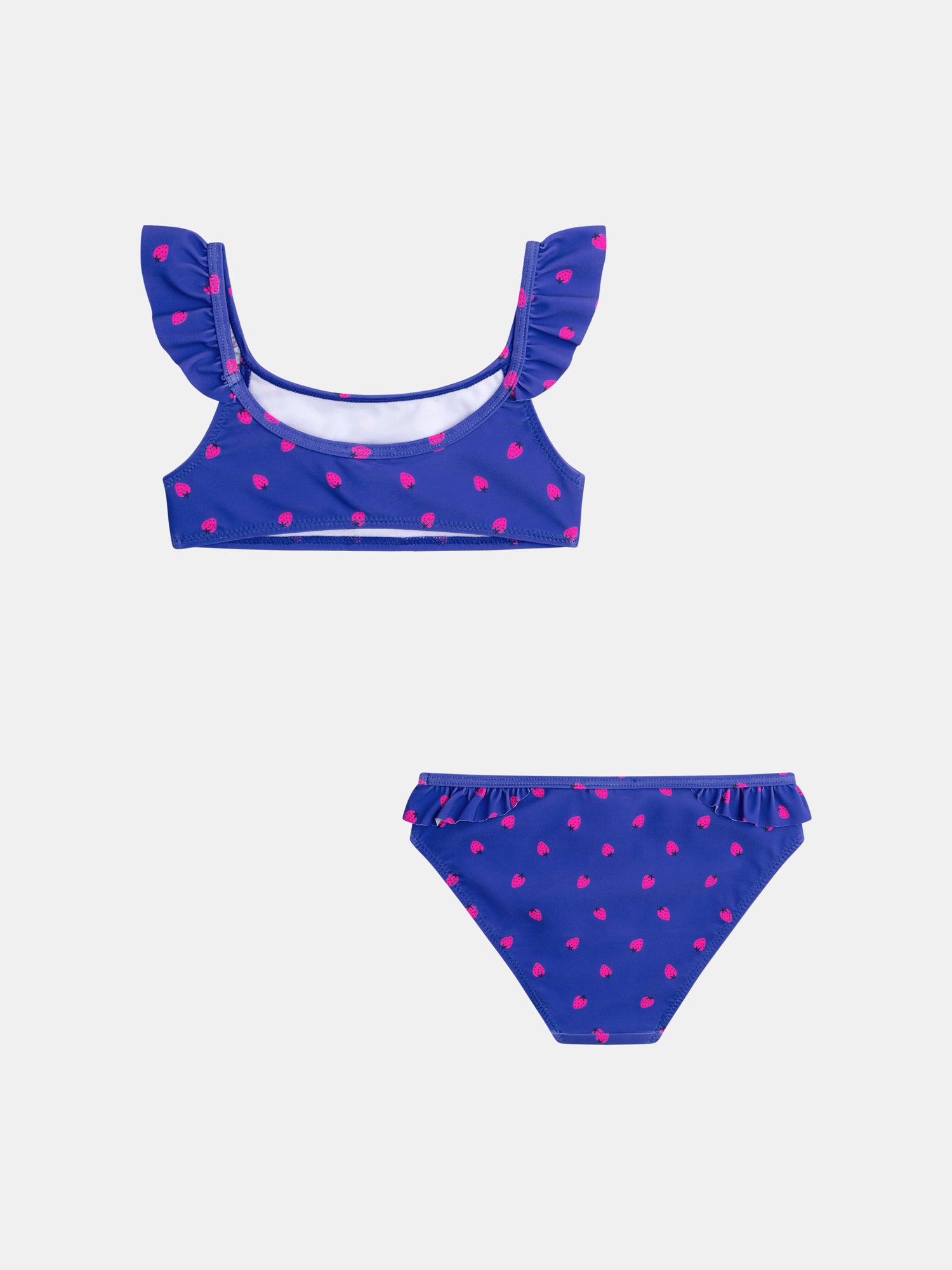 Blue 2-piece swimsuit with strawberry print for girls.