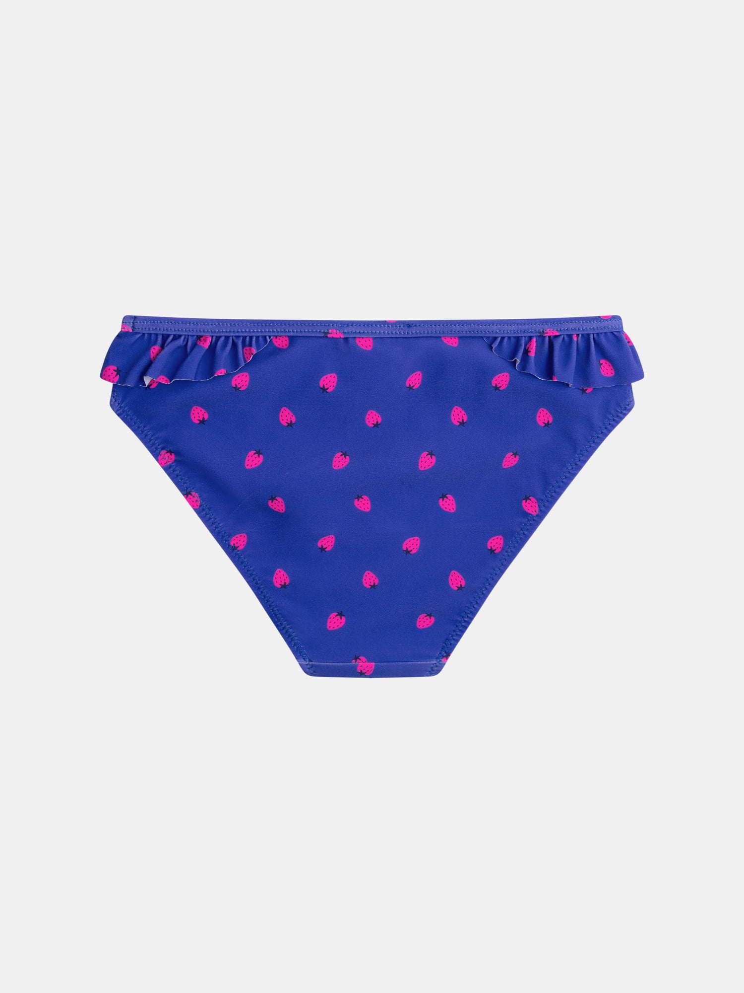 Blue 2-piece swimsuit with strawberry print for girls.
