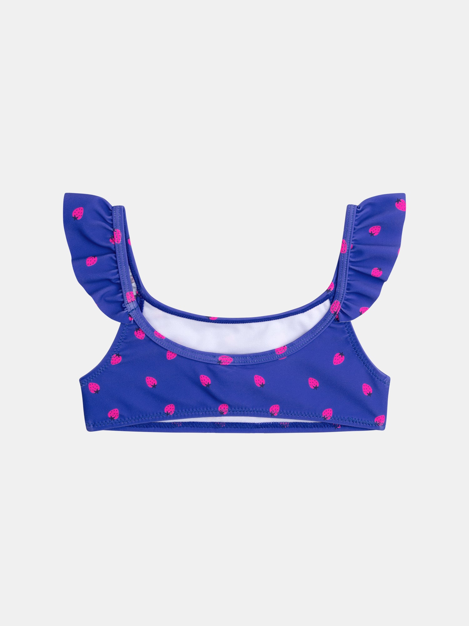 Blue 2-piece swimsuit with strawberry print for girls.