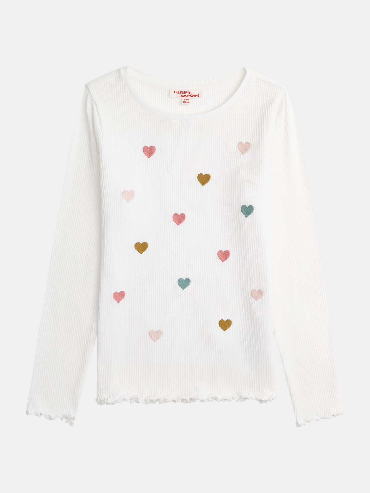 Ecru Ribbed T-Shirt with Heart Embroideries for Girls