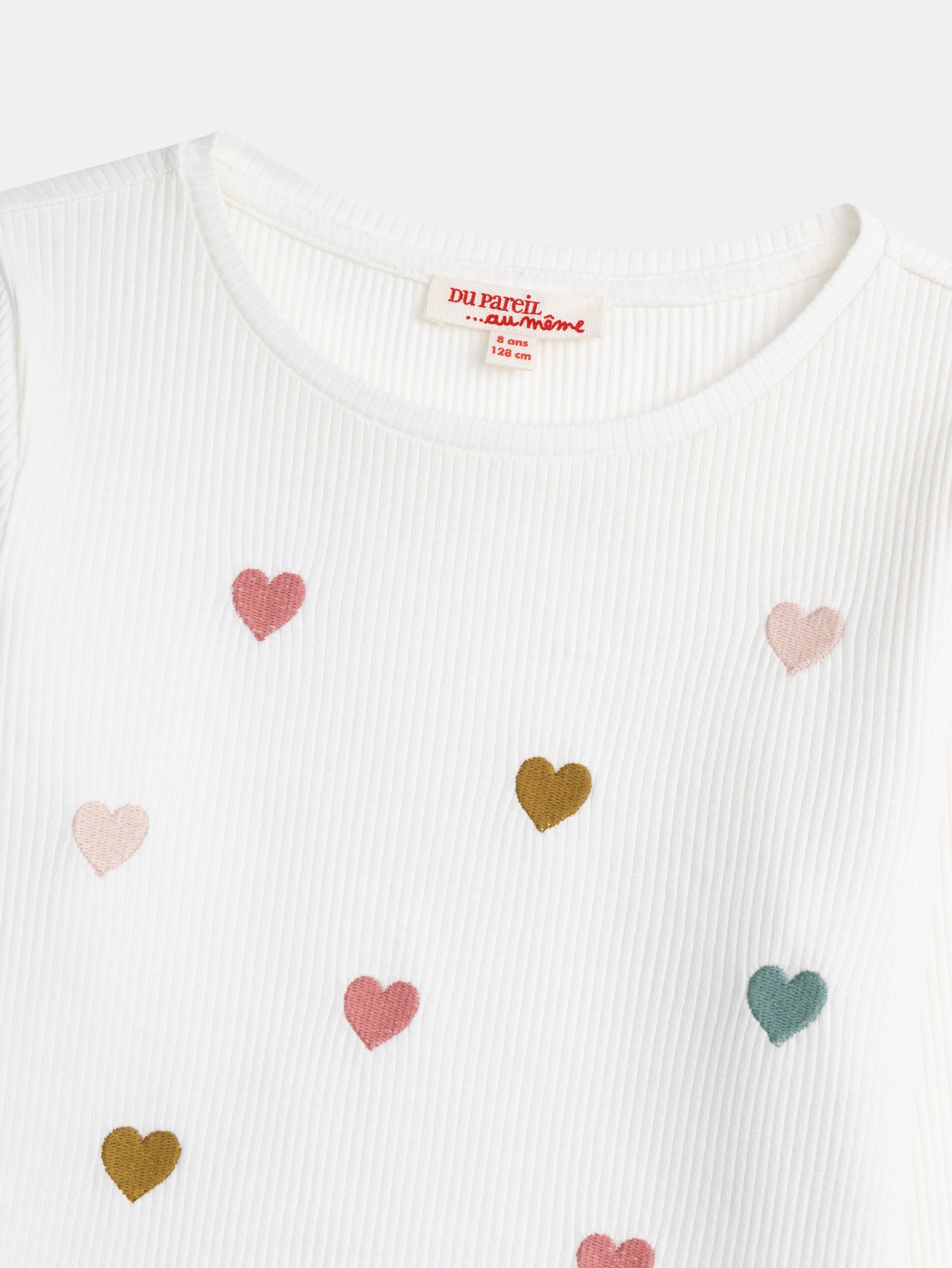 Ecru Ribbed T-Shirt with Heart Embroideries for Girls