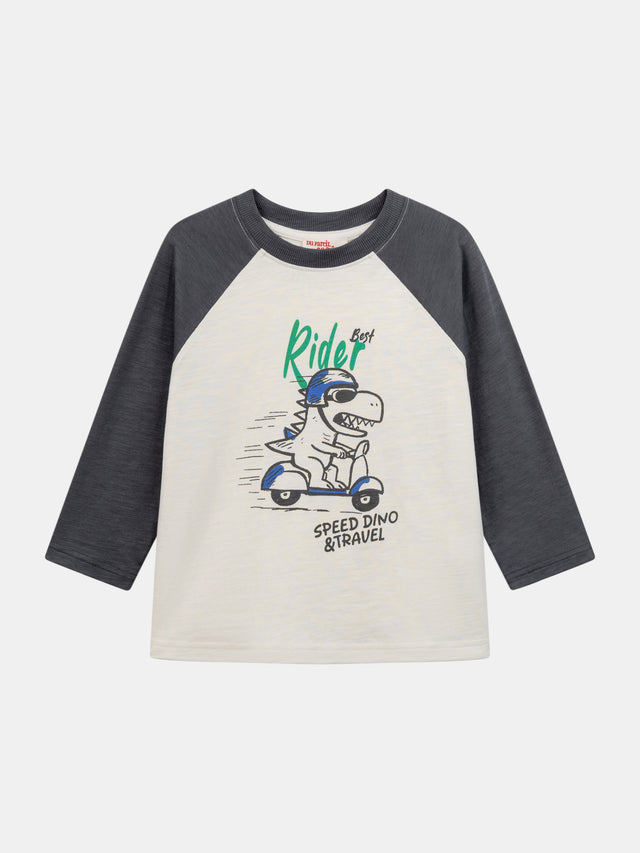 Ecru T-shirt with contrasting sleeves and dinosaur animation for boys