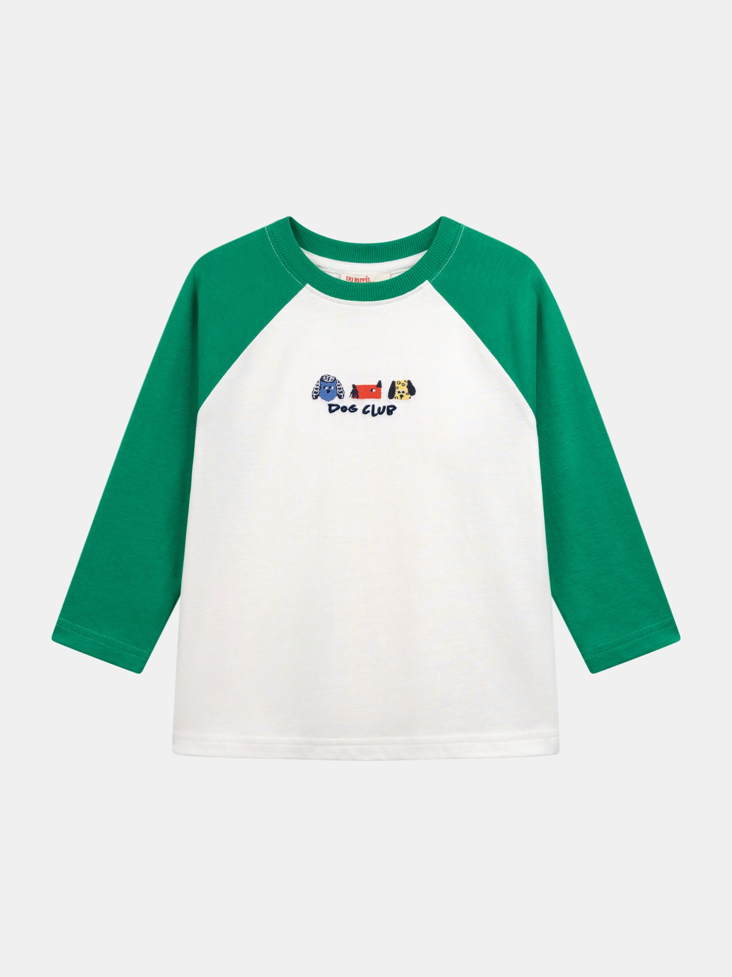 Cream Long Sleeve T-Shirt with Green Sleeves and Dog Head Embroidery for Boys