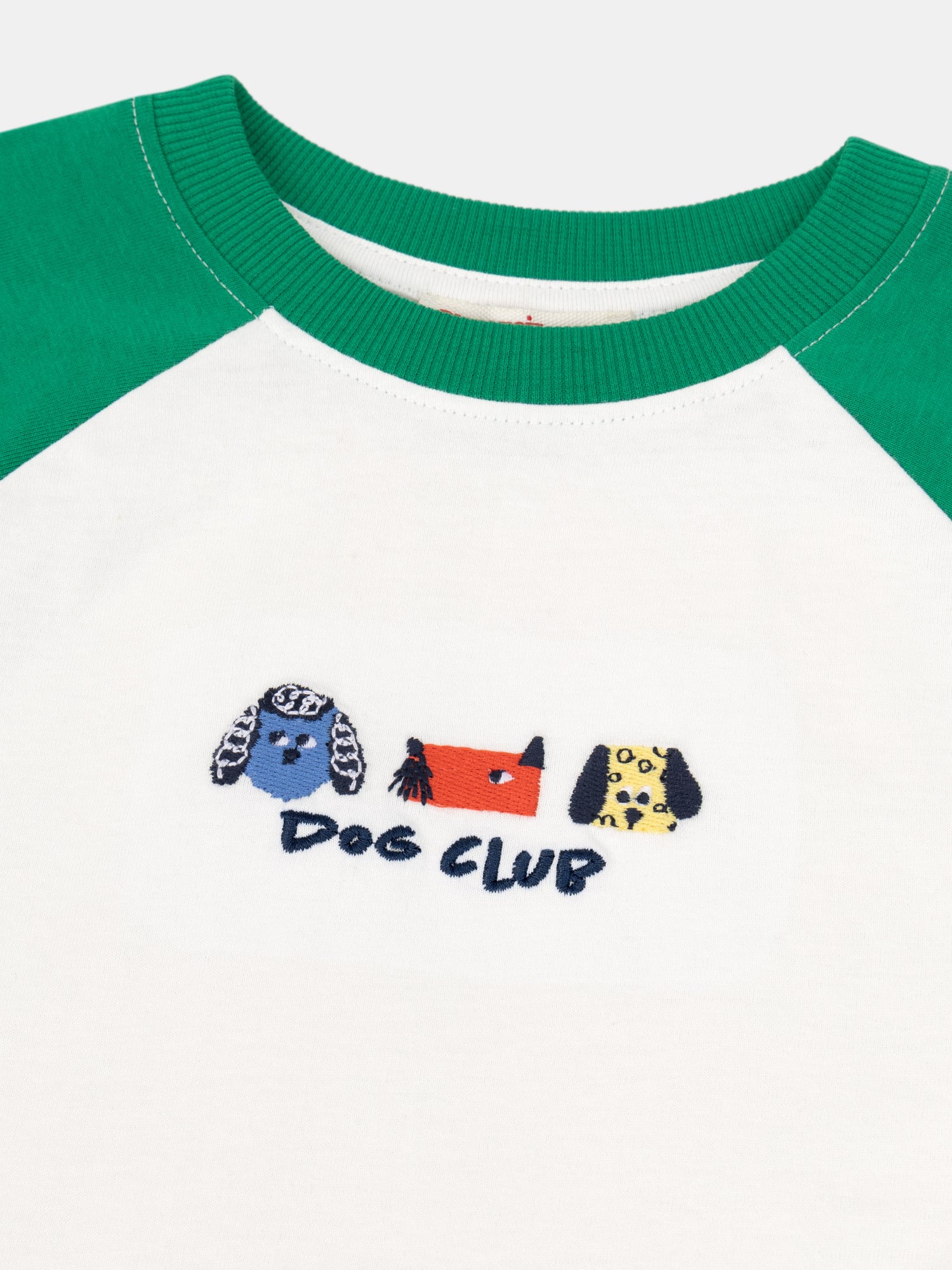Cream Long Sleeve T-Shirt with Green Sleeves and Dog Head Embroidery for Boys