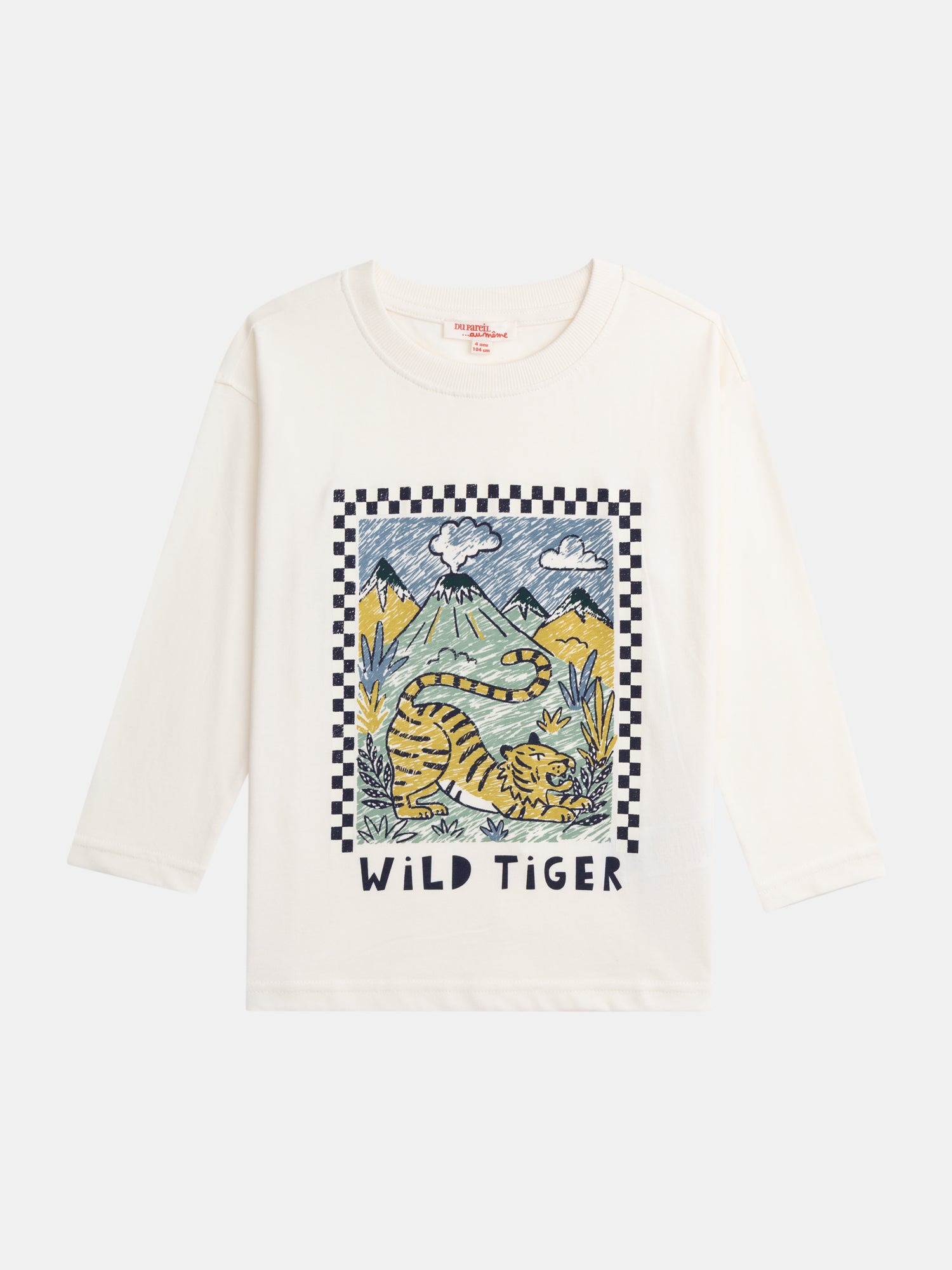 Ecru Long Sleeve T-shirt with Tiger Animation for Boys