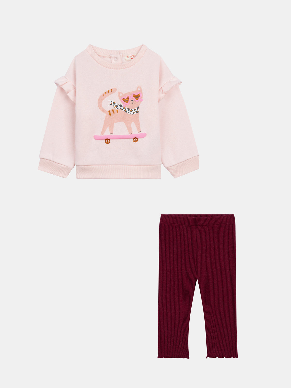 Pink Sweat Set "Skater Cat" and Ribbed Leggings in Plum for Baby Girl