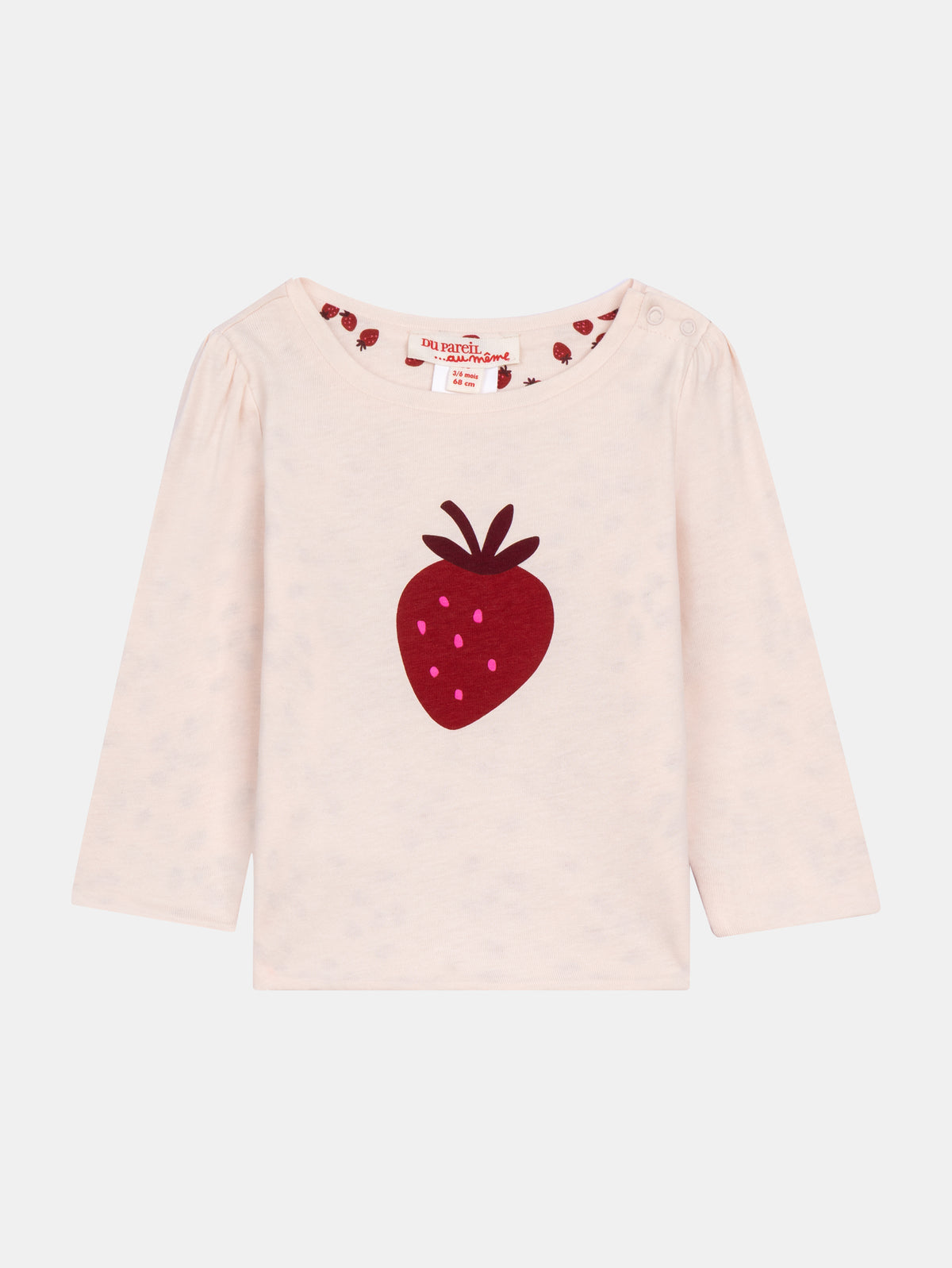 Reversible Long Sleeve Cotton T-Shirt in Chalk and Strawberry Patterns for Baby Girl