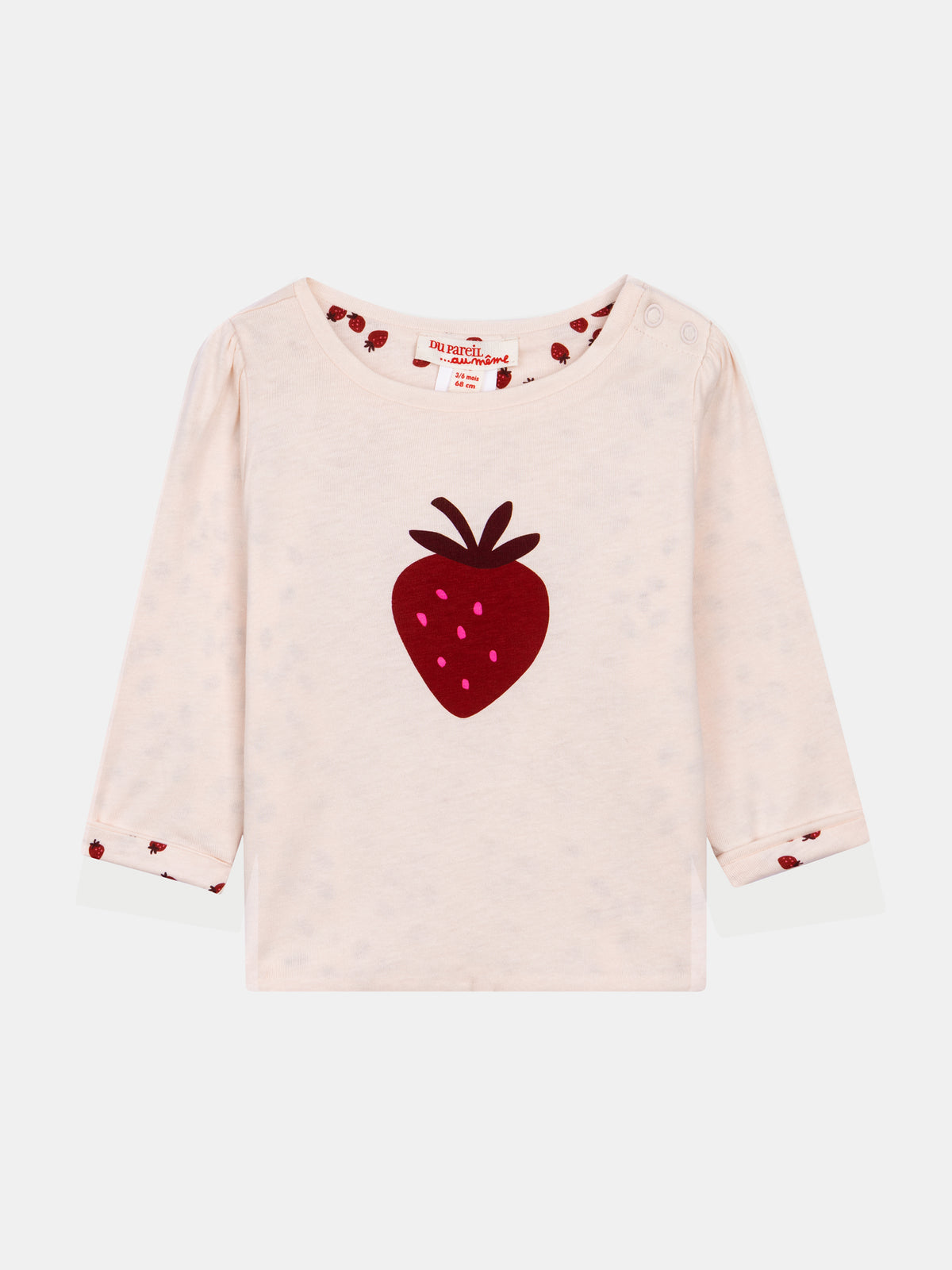 Reversible Long Sleeve Cotton T-Shirt in Chalk and Strawberry Patterns for Baby Girl