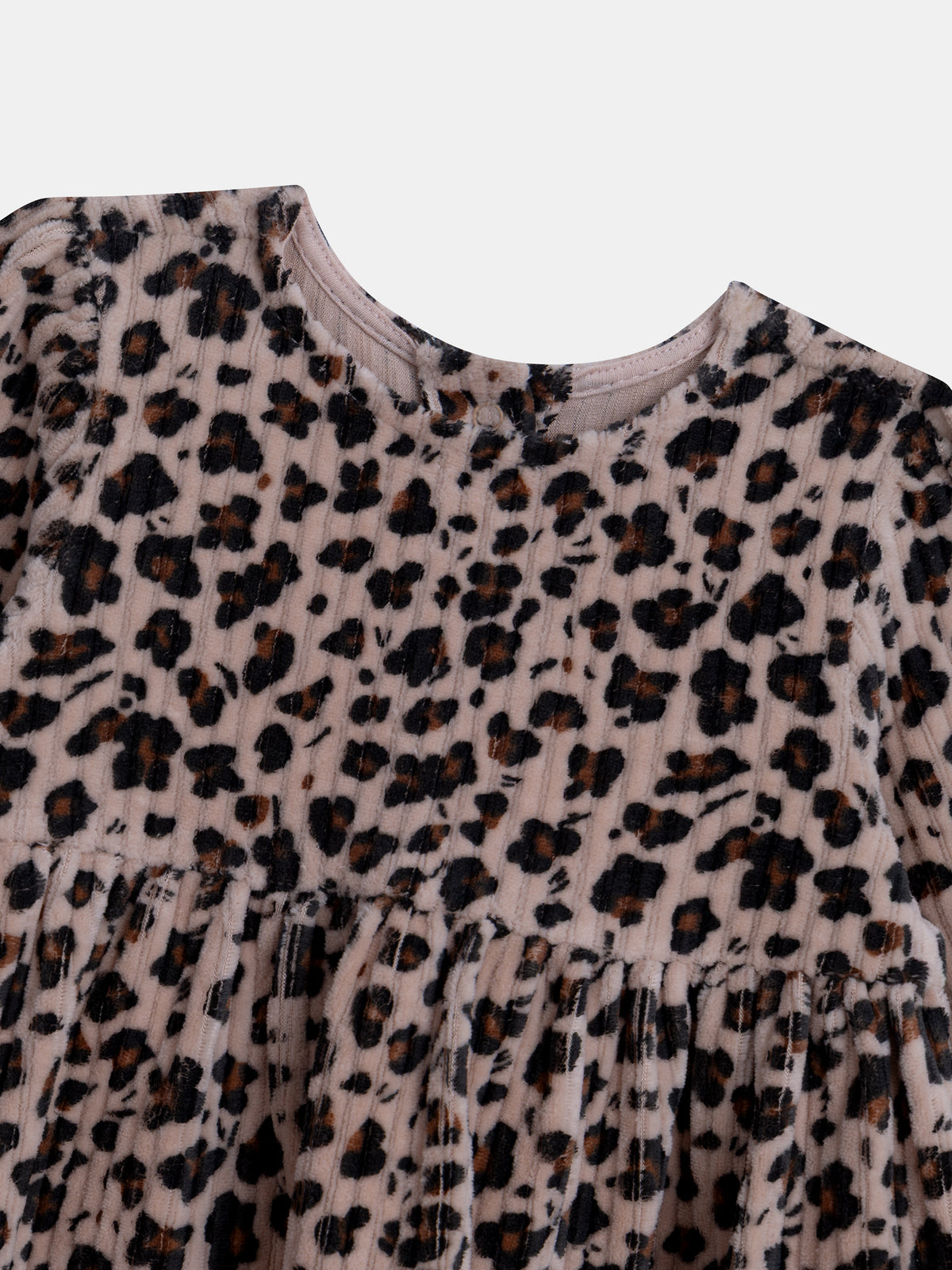 Beige corduroy dress with leopard print for baby girl