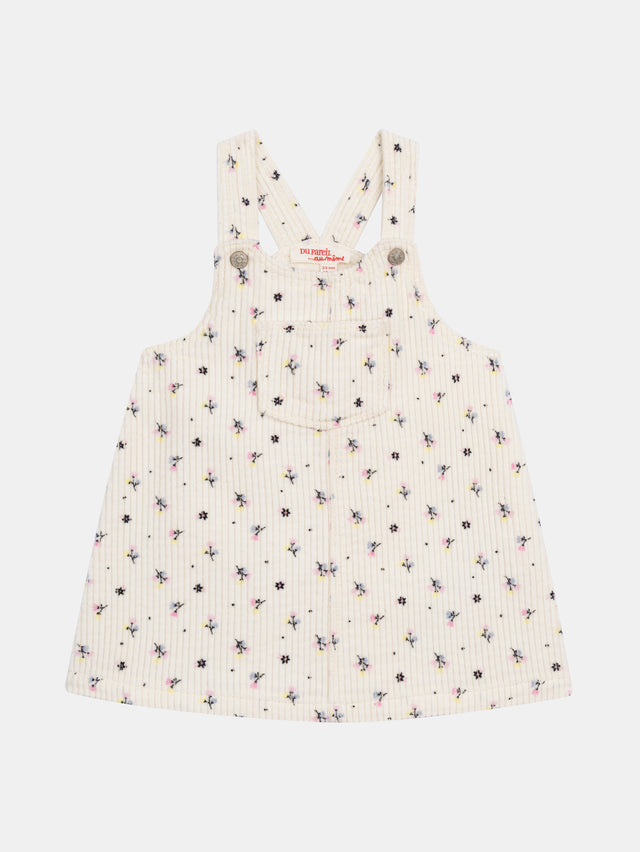 Corduroy dungaree dress with flower print for baby girl