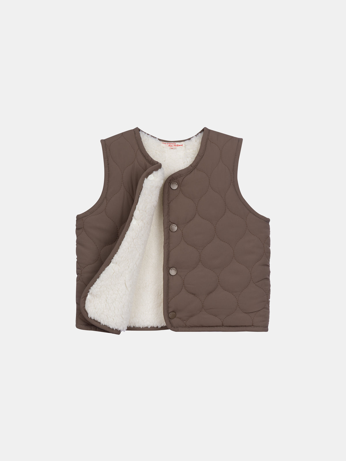 Reversible cocoa and ecru sleeveless vest for baby boy