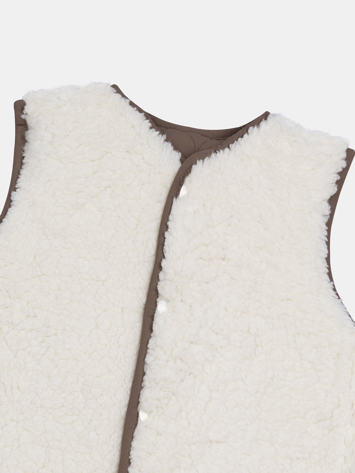 Reversible cocoa and ecru sleeveless vest for baby boy