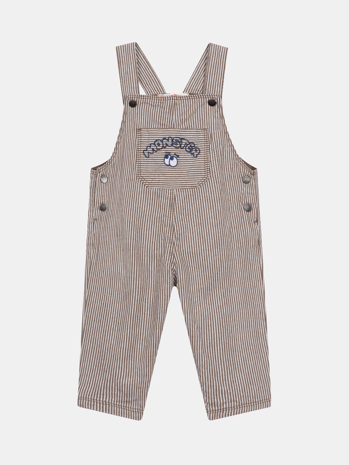 Striped cacao and ecru denim "Monster" dungarees for baby boy