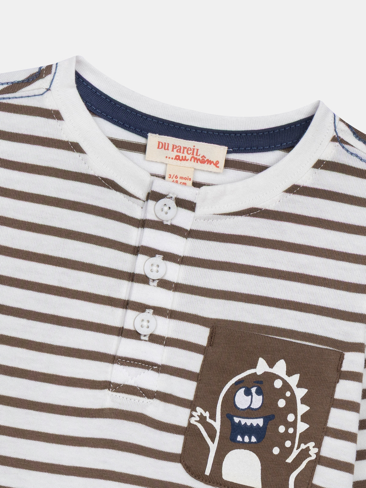 Striped Ecru and Cocoa Tunic Shirt "Funny Monster" for Baby Boys