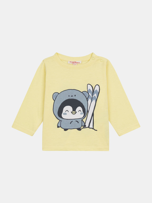 Long Sleeve Jersey T-Shirt with Skiing Penguin Motif for Baby Boys