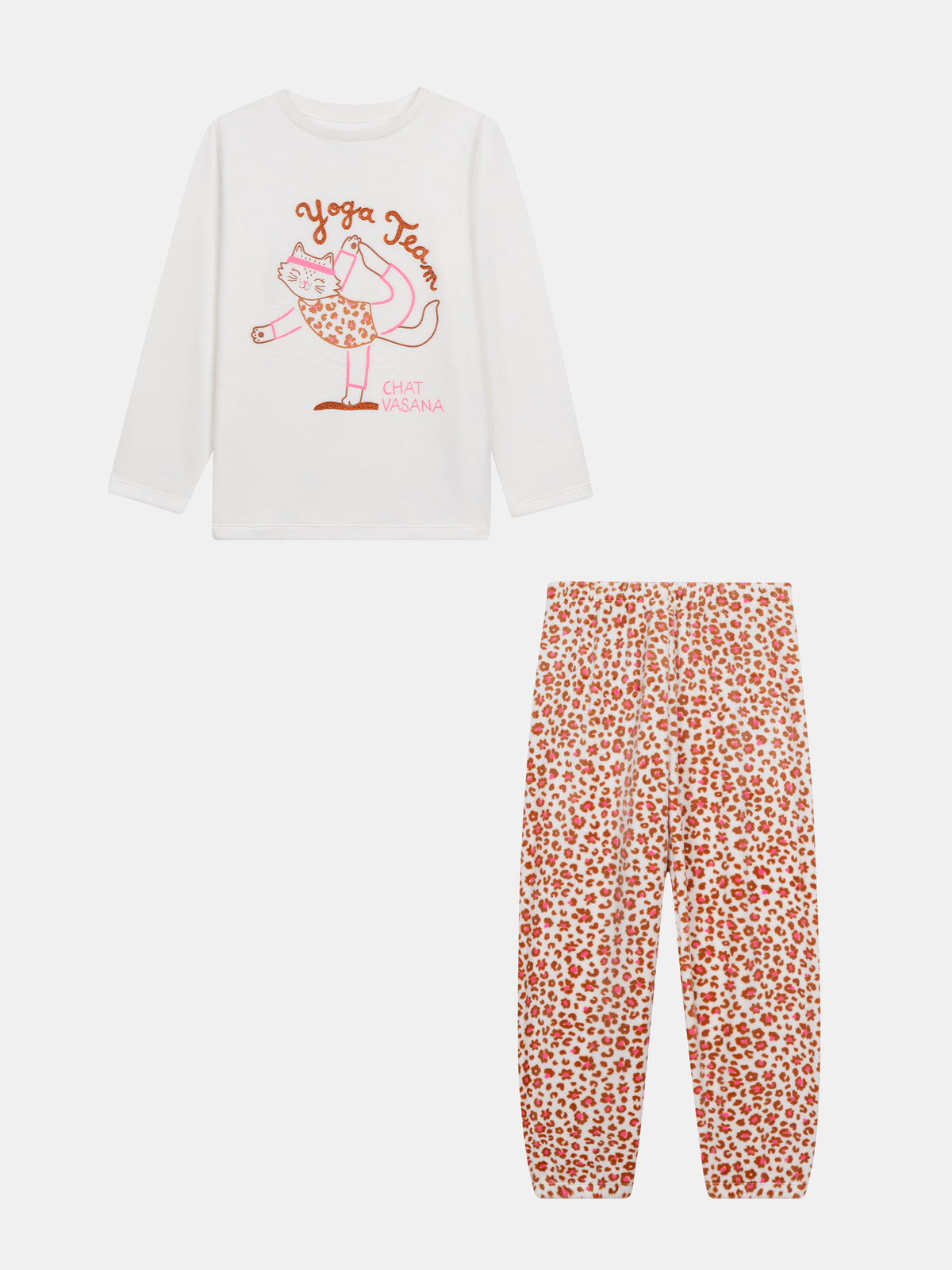 Ecru and pink velour pajamas "Cat Yoga Team" for girl