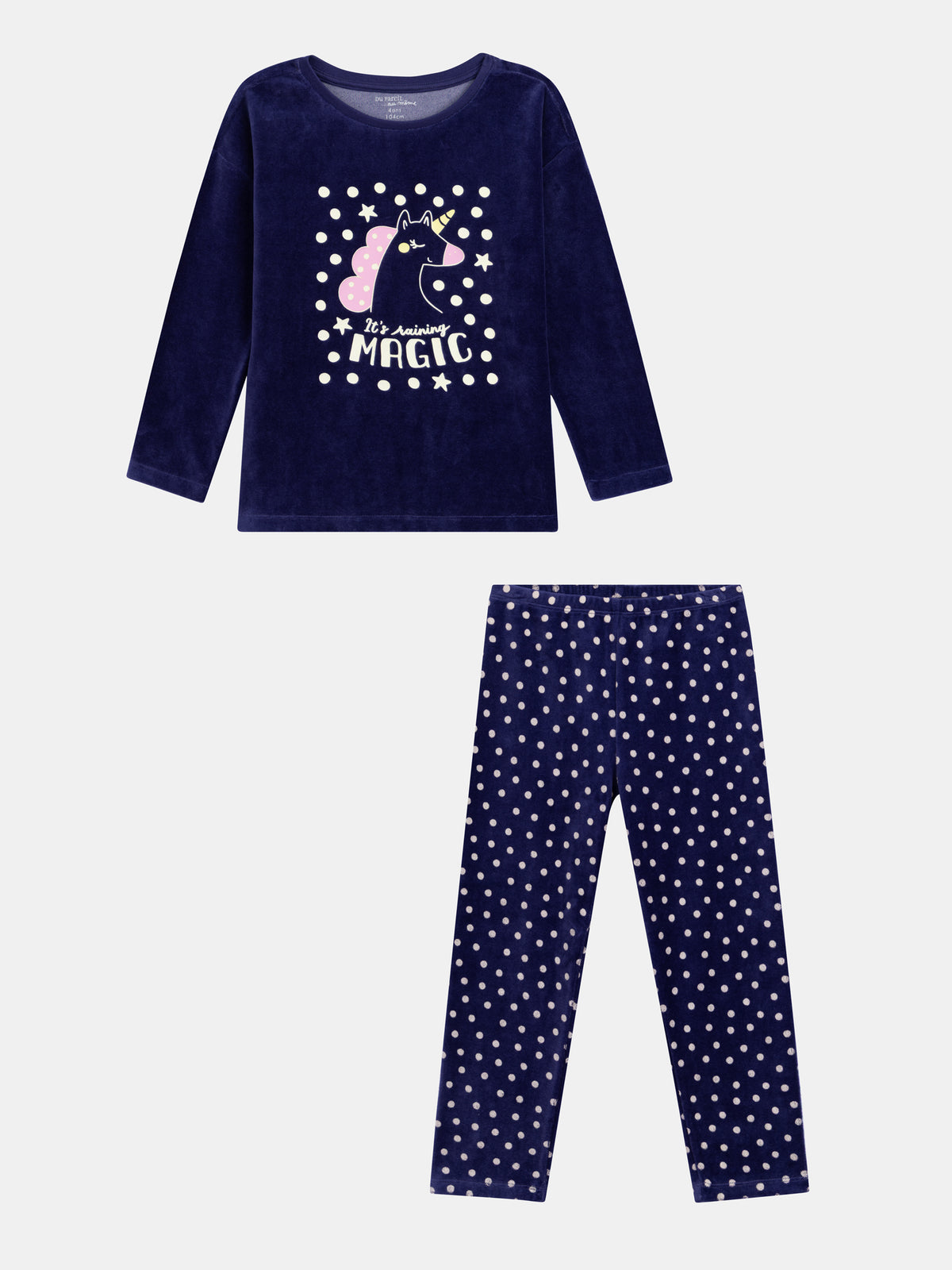 Navy Blue Velvet Pajamas "It's raining MAGIC" with Phosphorescent Details for Girls