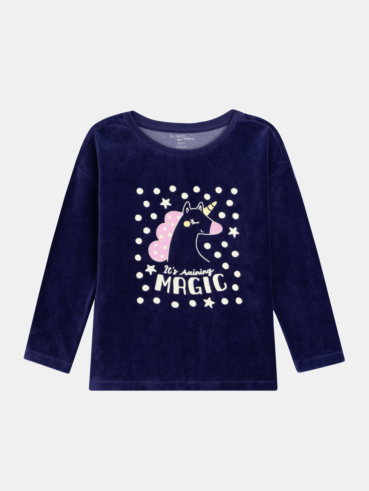 Navy Blue Velvet Pajamas "It's raining MAGIC" with Phosphorescent Details for Girls