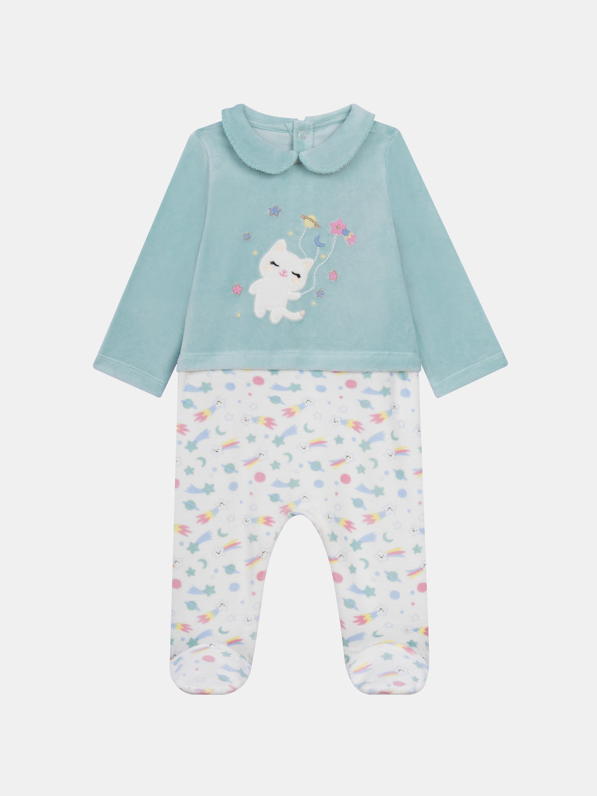 Blue Velvet Bodysuit with Space Print & Cat Design for Baby Girl
