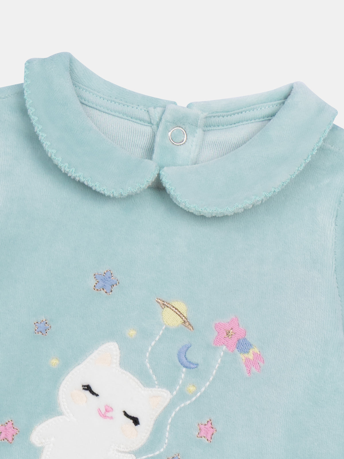 Blue Velvet Bodysuit with Space Print & Cat Design for Baby Girl