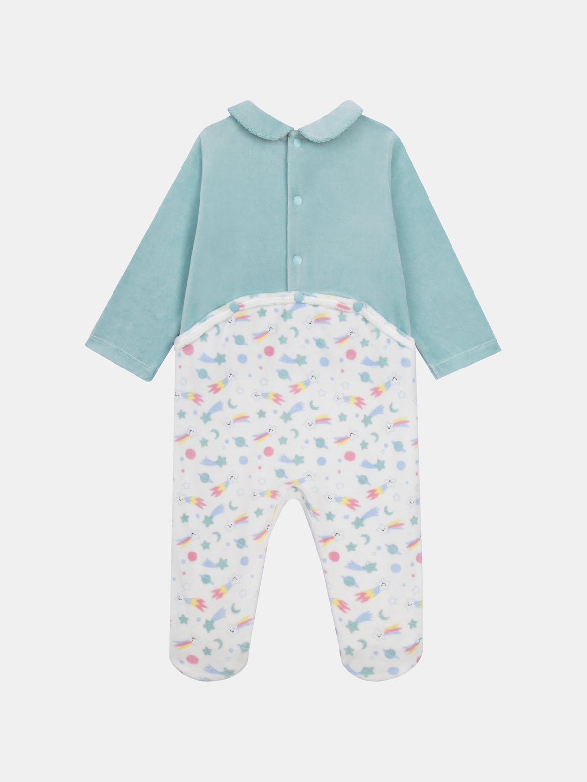 Blue Velvet Bodysuit with Space Print & Cat Design for Baby Girl