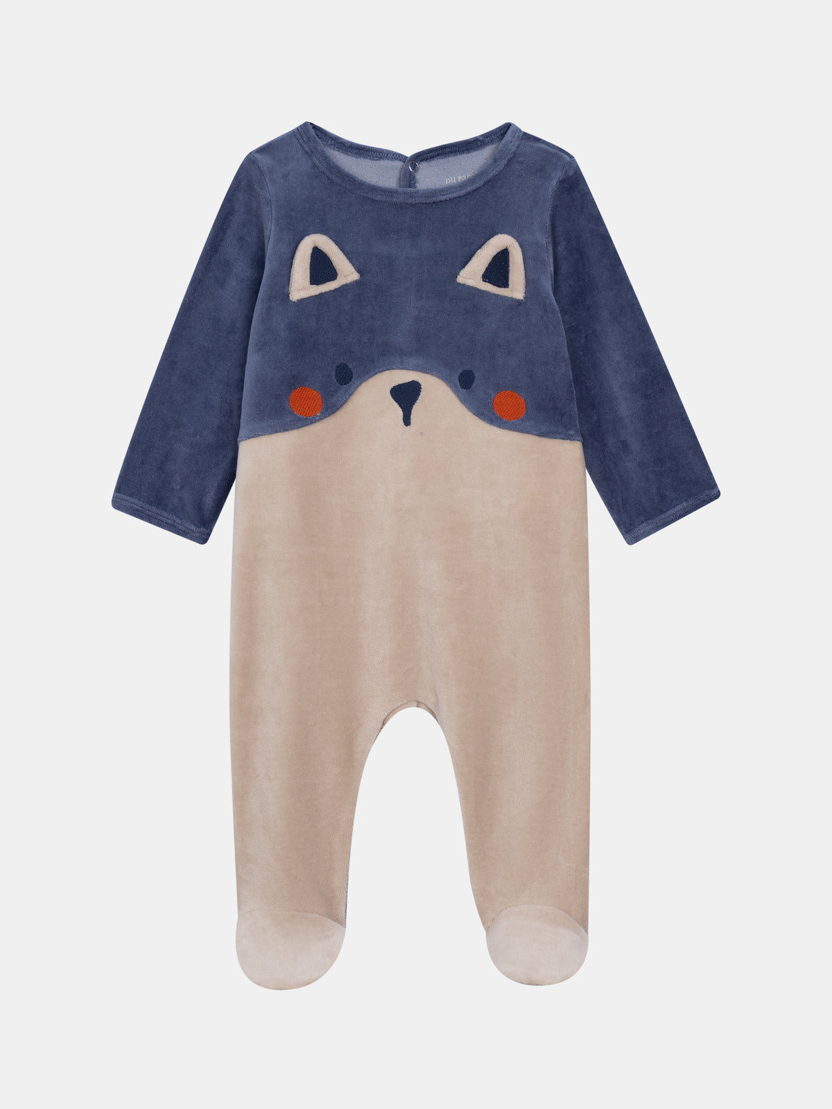 Ocean blue and beige velour romper with fox pattern for baby boys