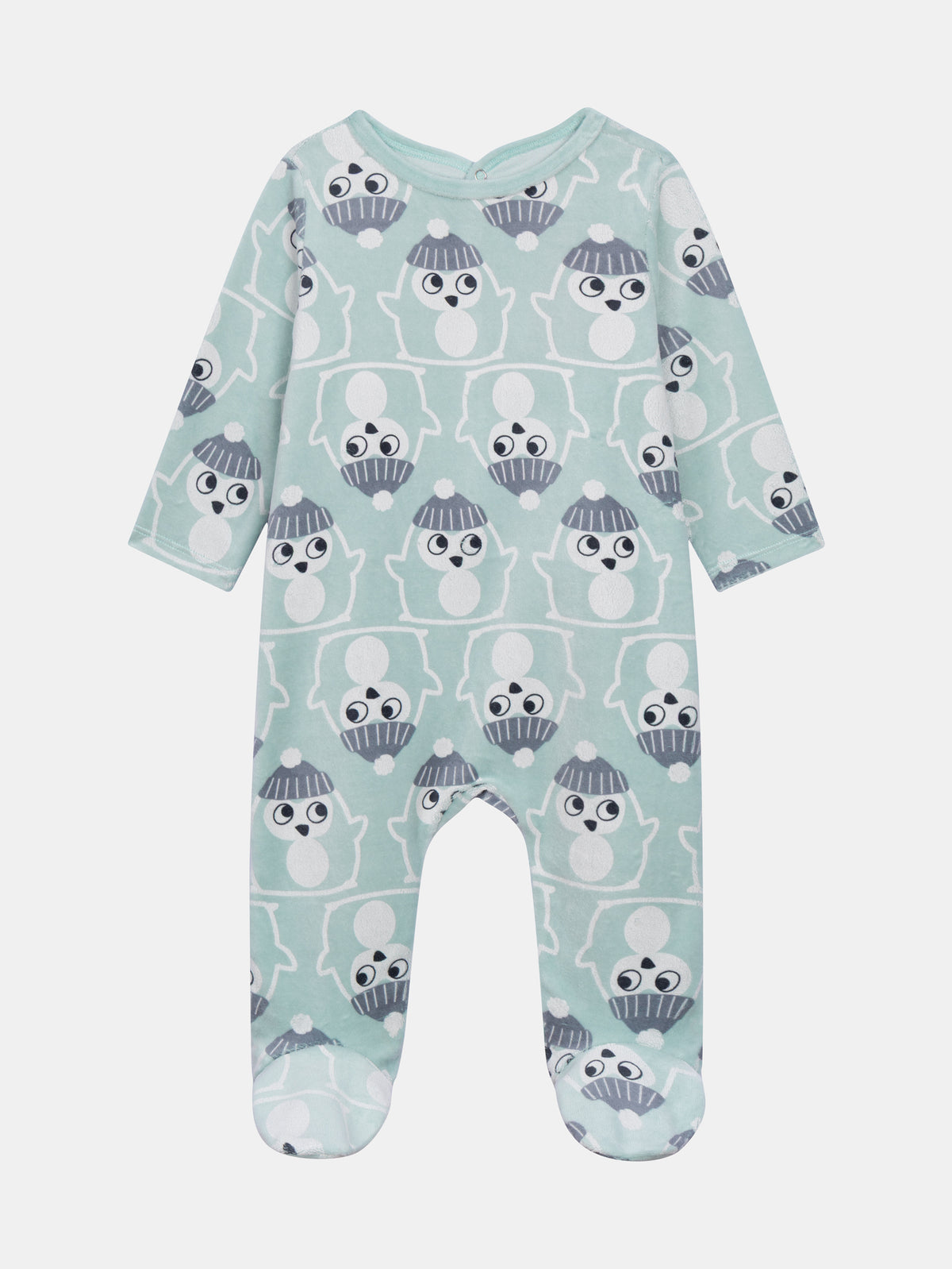 Green-Gray Velour Sleeper with Penguin Print for Baby Boy