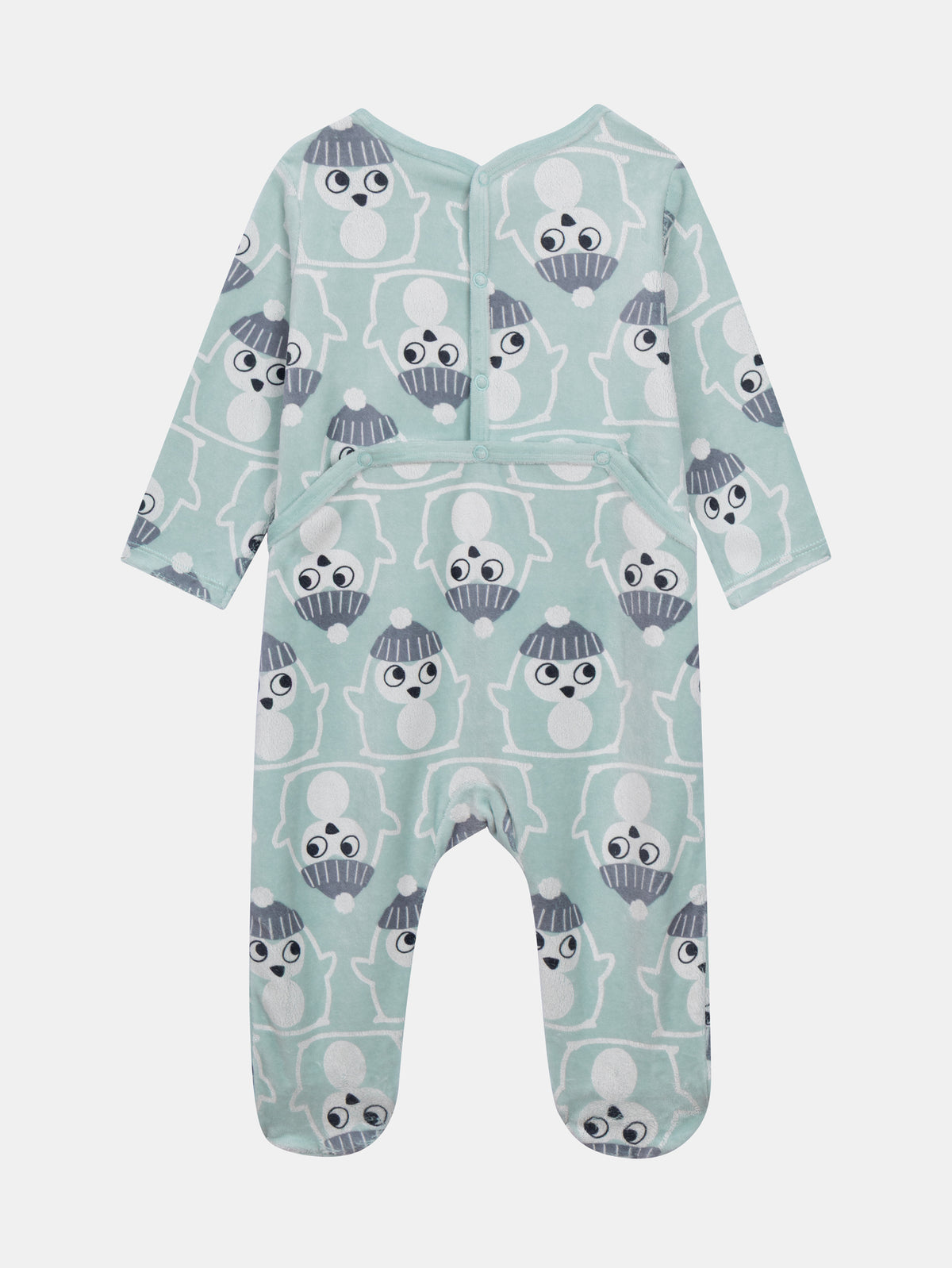 Green-Gray Velour Sleeper with Penguin Print for Baby Boy