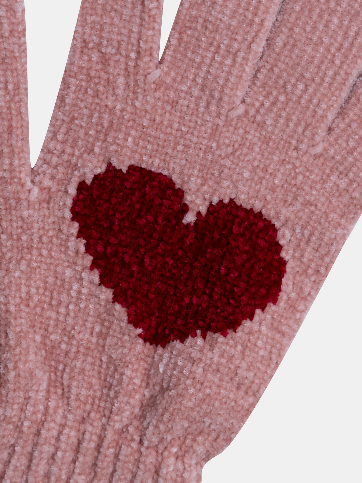 Pink knitted gloves with red heart for girls