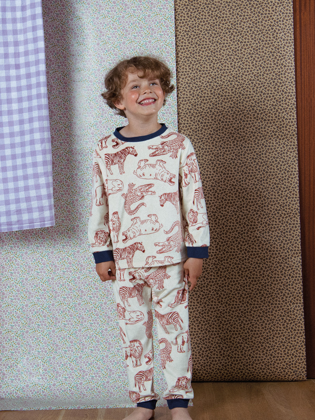 2-piece pajamas in stretch velvet with full savanna print for boys