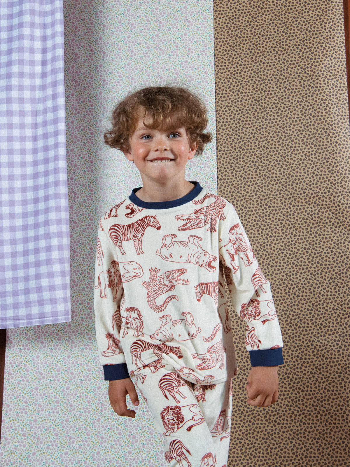 2-piece pajamas in stretch velvet with full savanna print for boys