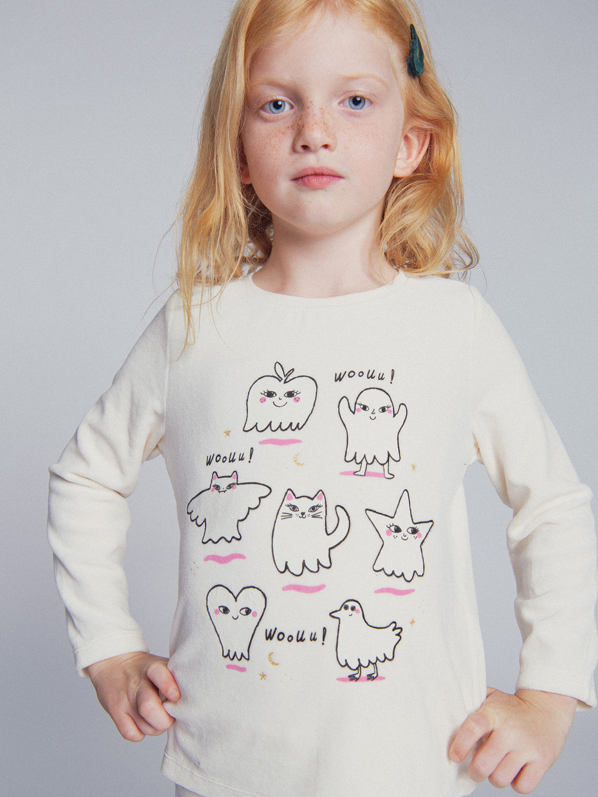 2-Piece Ecru Velvet Pajamas with Glow-in-the-Dark Ghost Patterns for Girls