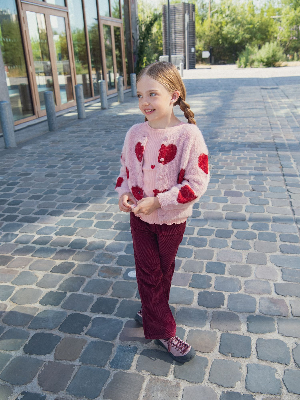 Pink cardigan with heart pattern for girls
