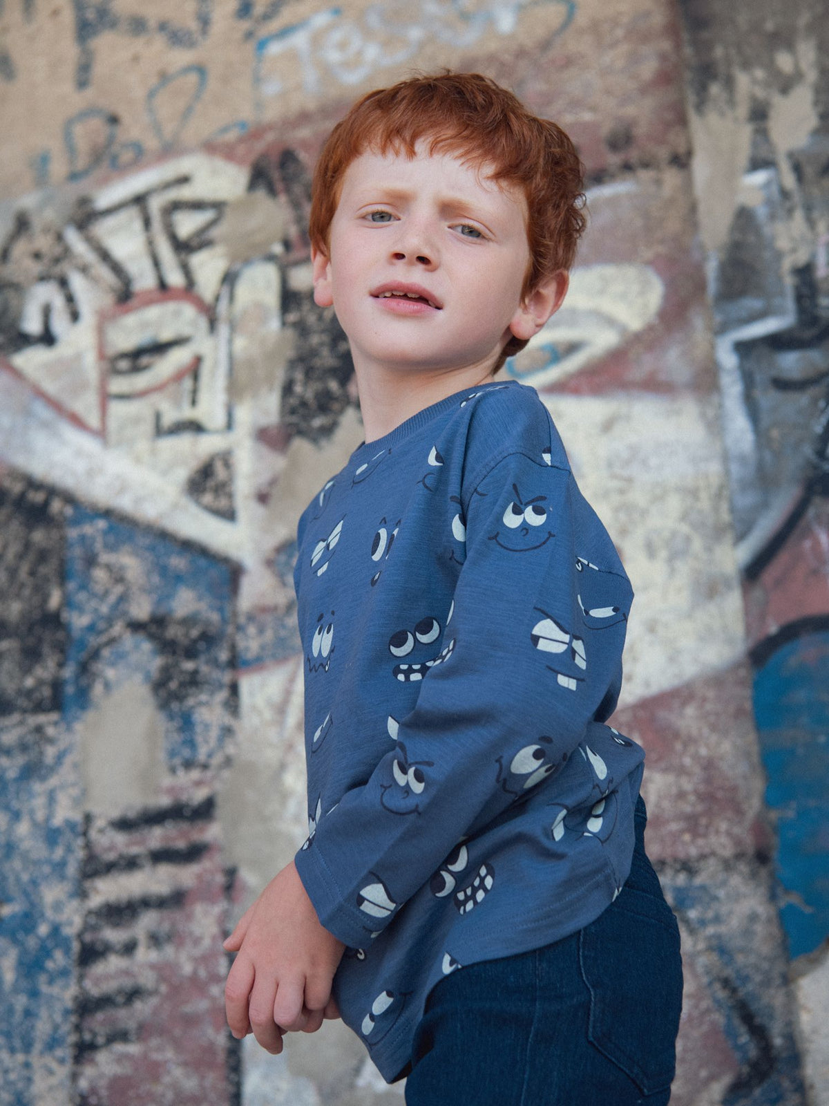 Blue Long Sleeve T-Shirt with Phosphorescent Eye Print for Boys