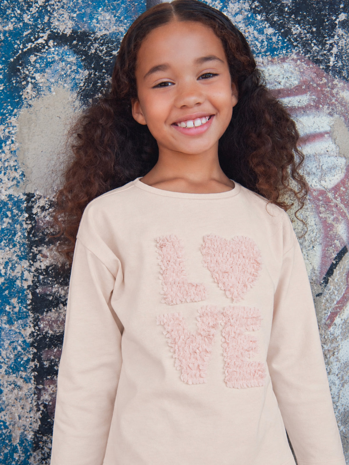 Ecru Long Sleeve T-Shirt with 3D LOVE Animation for Girls