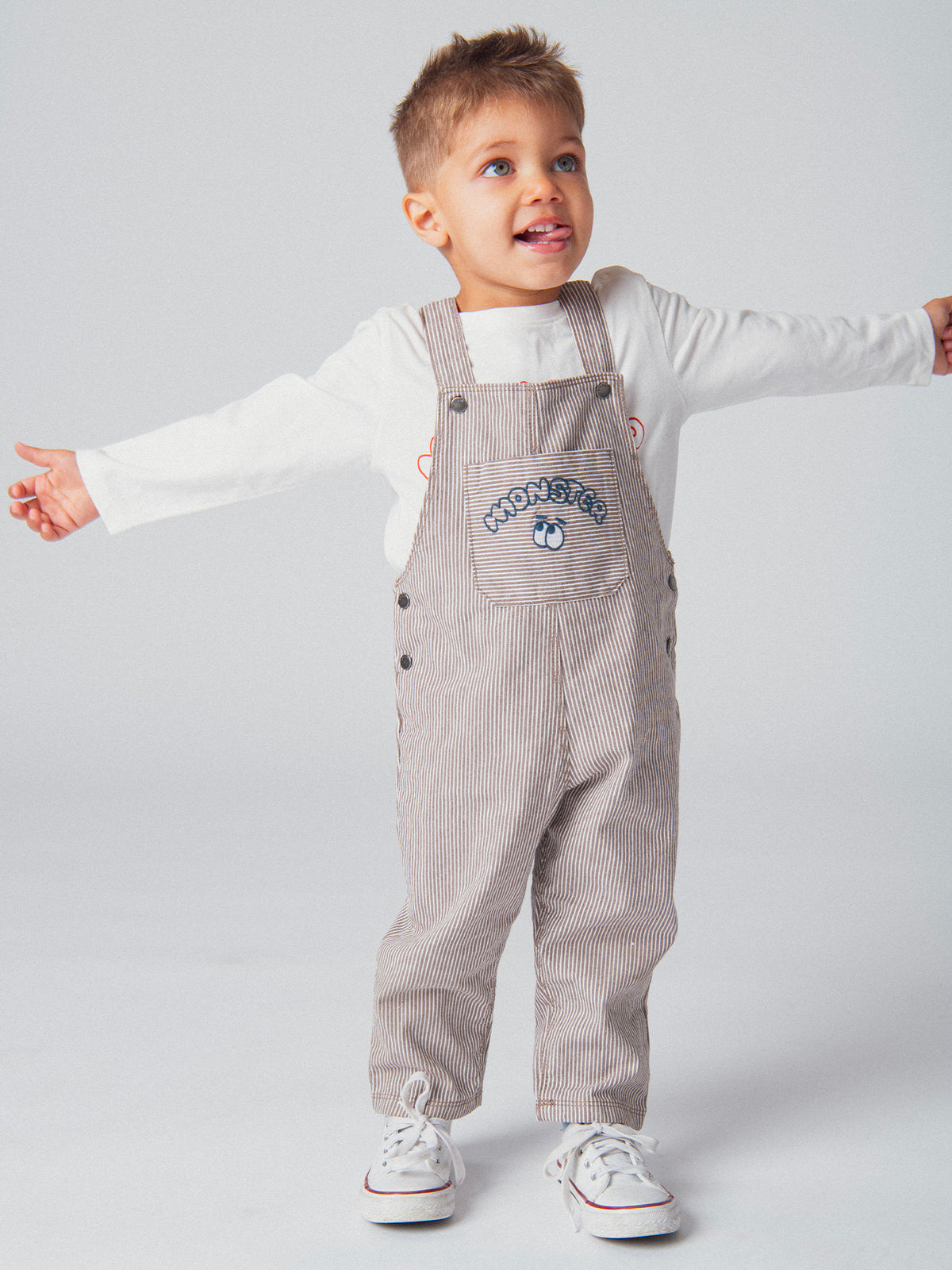 Striped cacao and ecru denim "Monster" dungarees for baby boy